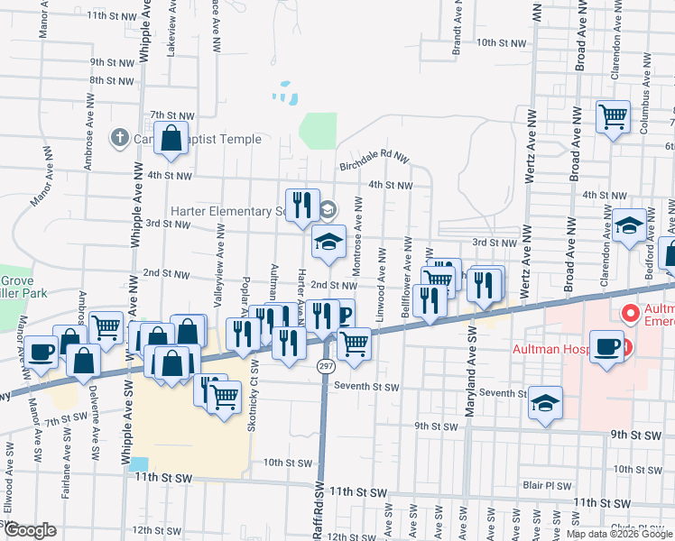 map of restaurants, bars, coffee shops, grocery stores, and more near 221 Raff Road Northwest in Canton