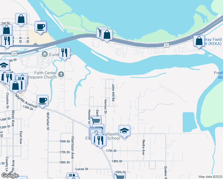 map of restaurants, bars, coffee shops, grocery stores, and more near 1120 John Hill Road in Eureka