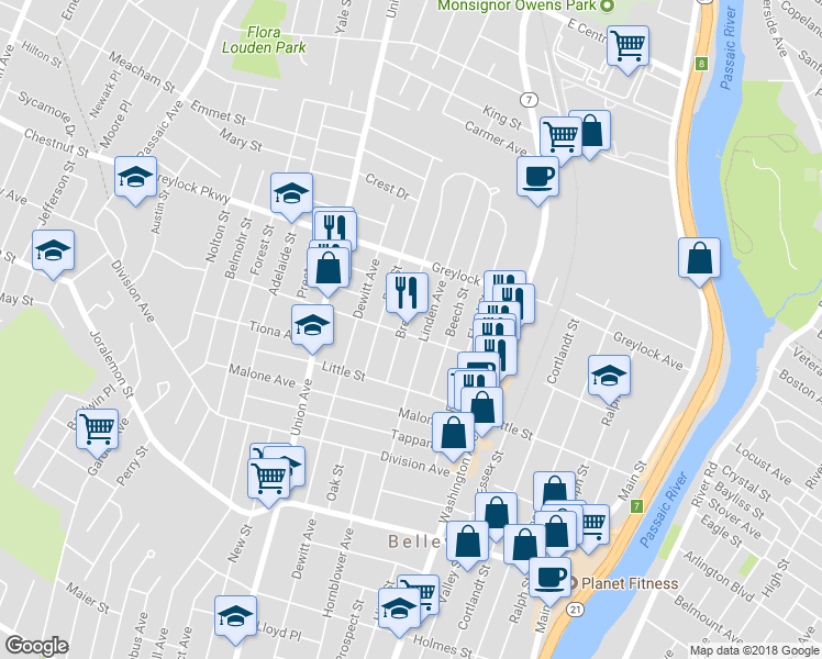 map of restaurants, bars, coffee shops, grocery stores, and more near 80 Overlook Avenue in Belleville