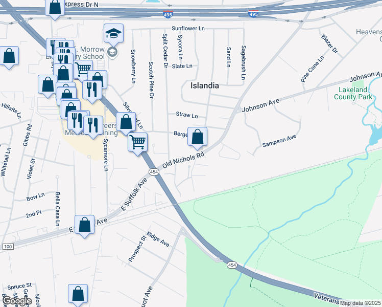 map of restaurants, bars, coffee shops, grocery stores, and more near 24 Saint Marks Circle in Islandia
