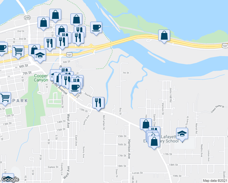 map of restaurants, bars, coffee shops, grocery stores, and more near 1214 Bay St in Eureka