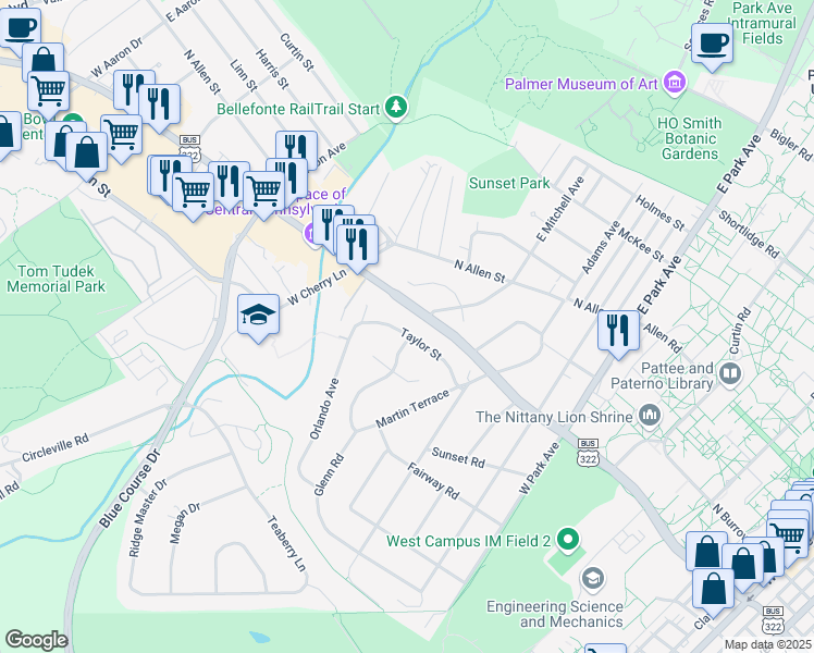 map of restaurants, bars, coffee shops, grocery stores, and more near 1009 Taylor Street in State College