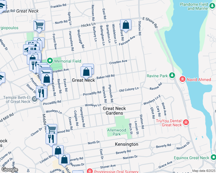 map of restaurants, bars, coffee shops, grocery stores, and more near 50 Plymouth Road in Great Neck