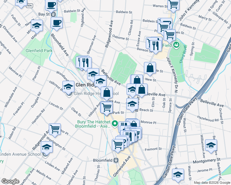 map of restaurants, bars, coffee shops, grocery stores, and more near 24 Edgewood Road in Glen Ridge