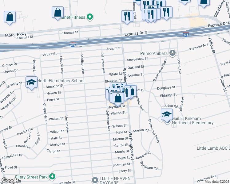 map of restaurants, bars, coffee shops, grocery stores, and more near 53 Perry Street in Brentwood