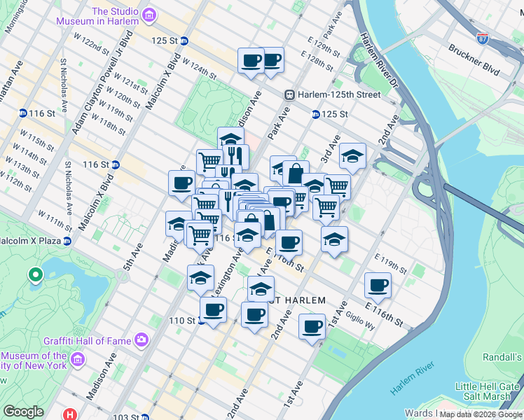 map of restaurants, bars, coffee shops, grocery stores, and more near Lexington Ave & E 118th St in New York