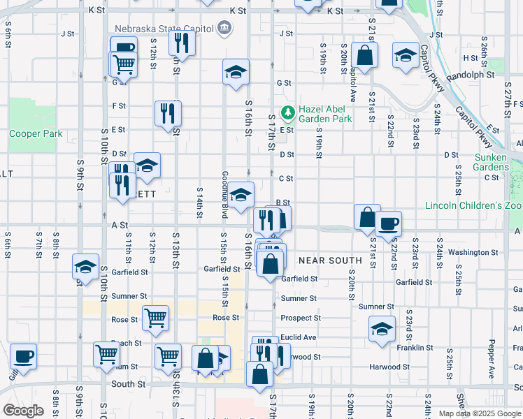 map of restaurants, bars, coffee shops, grocery stores, and more near 1625 B Street in Lincoln