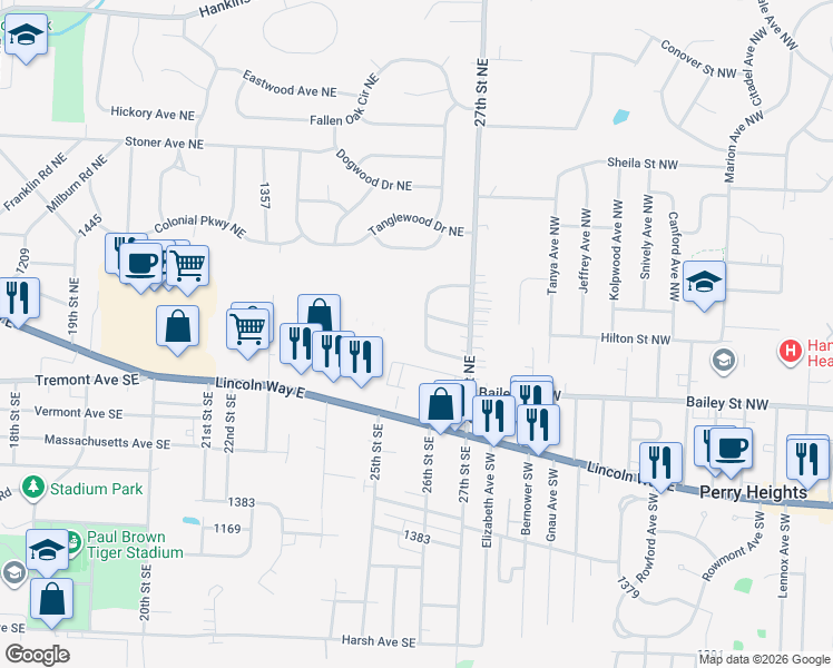 map of restaurants, bars, coffee shops, grocery stores, and more near 451 Sundale Street Northwest in Massillon