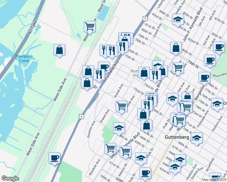 map of restaurants, bars, coffee shops, grocery stores, and more near 7015 Columbia Avenue in North Bergen