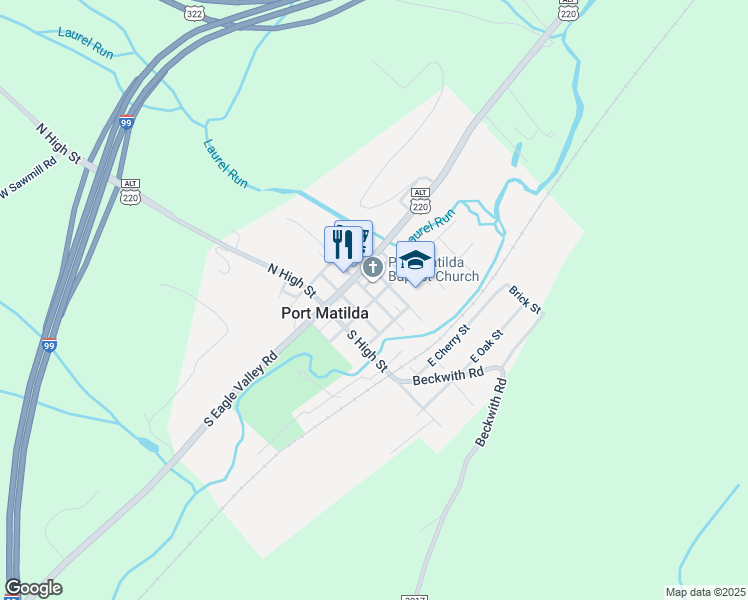 map of restaurants, bars, coffee shops, grocery stores, and more near 112 Main Street in Port Matilda