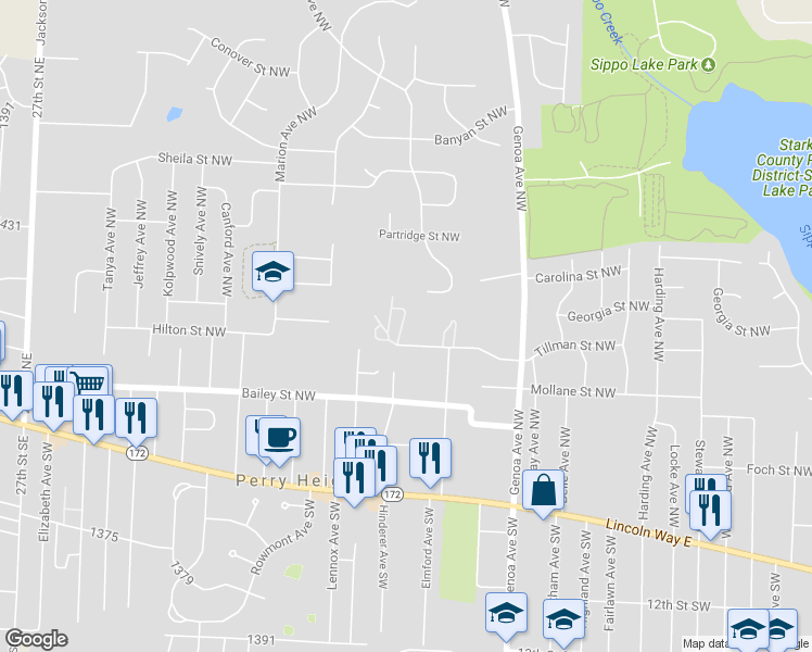 map of restaurants, bars, coffee shops, grocery stores, and more near 3410 Hilton Street Northwest in Massillon
