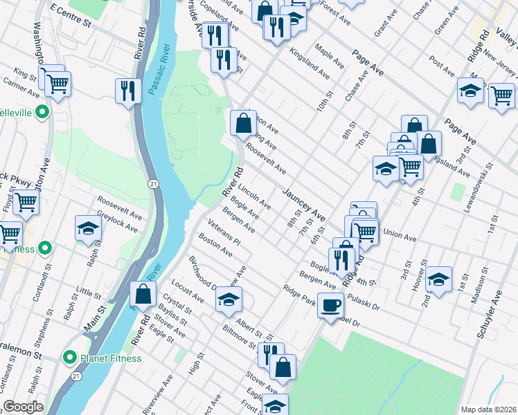 map of restaurants, bars, coffee shops, grocery stores, and more near 31 9th Street in North Arlington