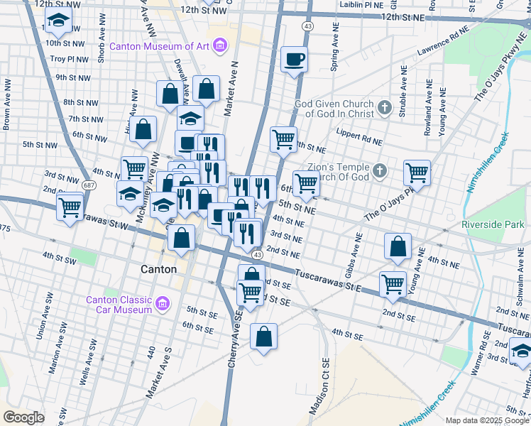 map of restaurants, bars, coffee shops, grocery stores, and more near 409 Cherry Avenue Southeast in Canton