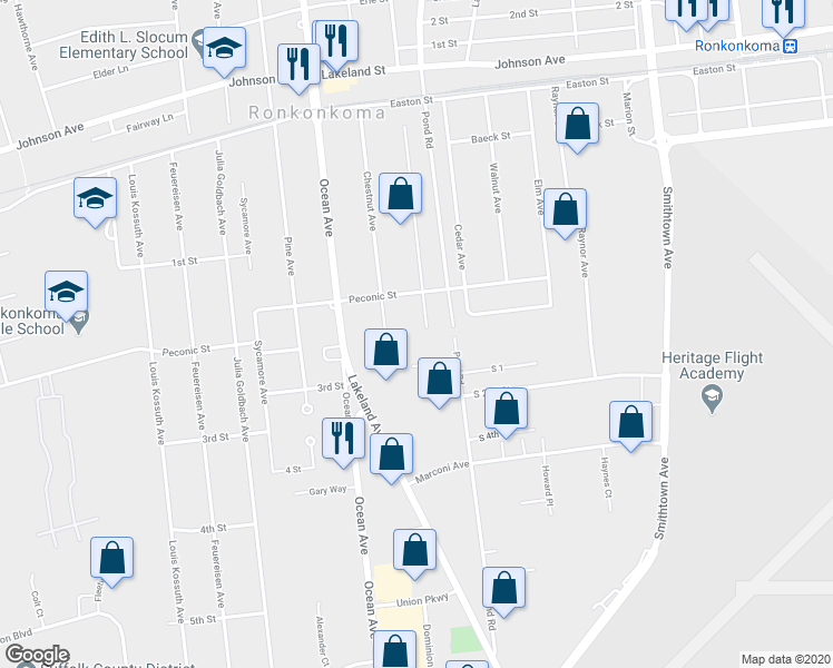 map of restaurants, bars, coffee shops, grocery stores, and more near 2230 Locust Avenue in Ronkonkoma