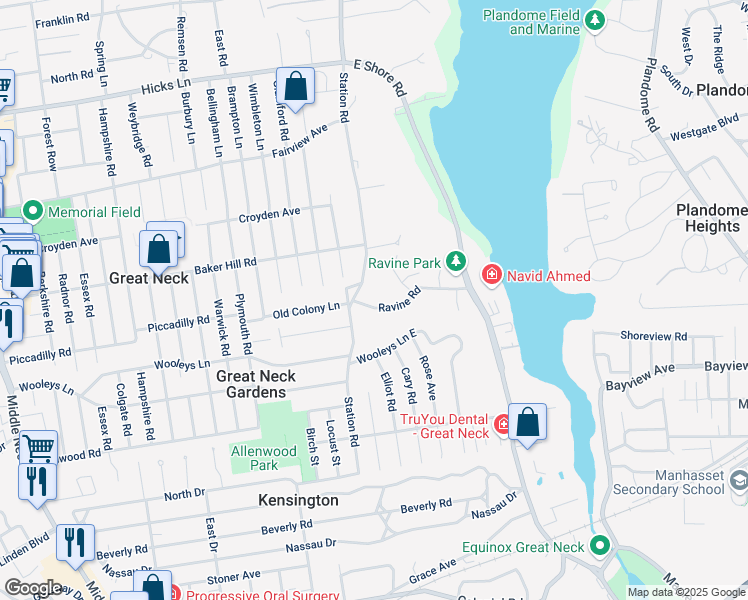 map of restaurants, bars, coffee shops, grocery stores, and more near 1 Ravine Road in Great Neck