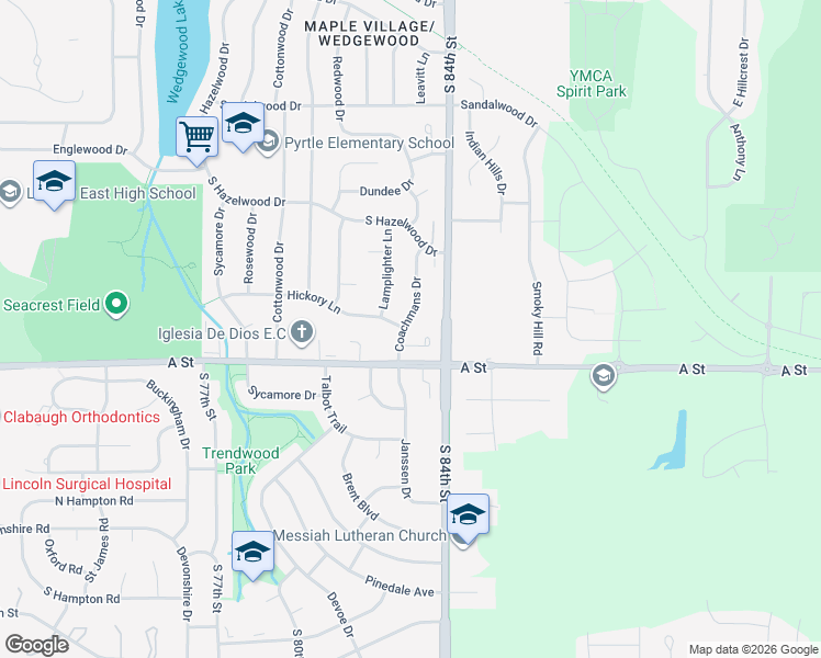 map of restaurants, bars, coffee shops, grocery stores, and more near 1200 Coachmans Drive in Lincoln