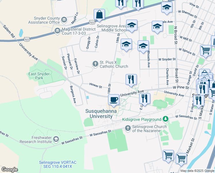 map of restaurants, bars, coffee shops, grocery stores, and more near 700 Hower St in Selinsgrove