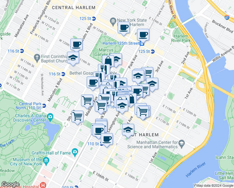 map of restaurants, bars, coffee shops, grocery stores, and more near 1661 Park Avenue in New York