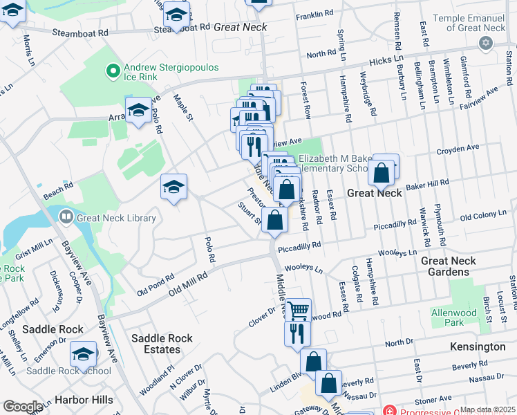 map of restaurants, bars, coffee shops, grocery stores, and more near 16 Preston Road in Great Neck