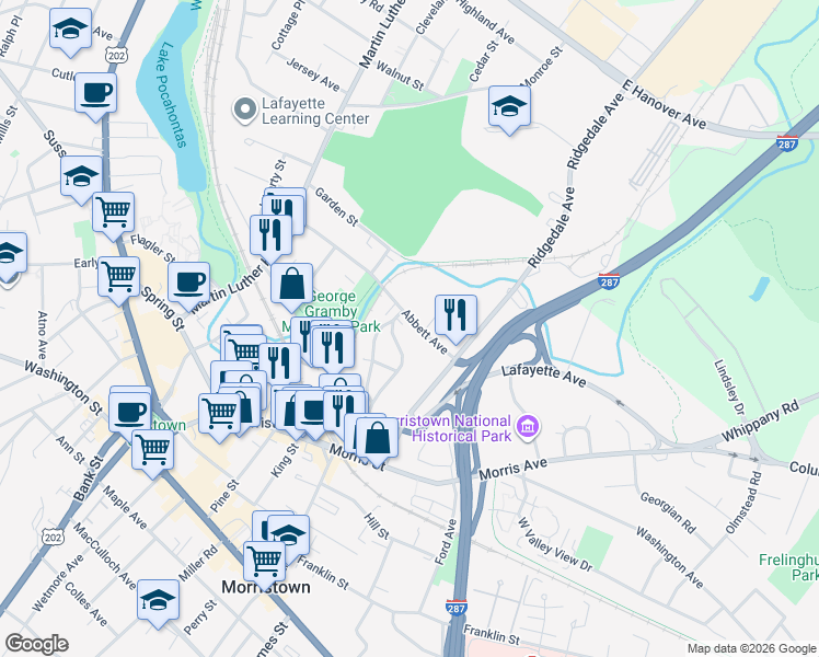 map of restaurants, bars, coffee shops, grocery stores, and more near 69 Abbett Avenue in Morristown