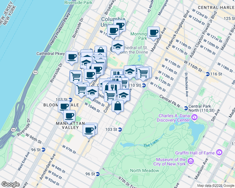 map of restaurants, bars, coffee shops, grocery stores, and more near 963 Columbus Avenue in New York