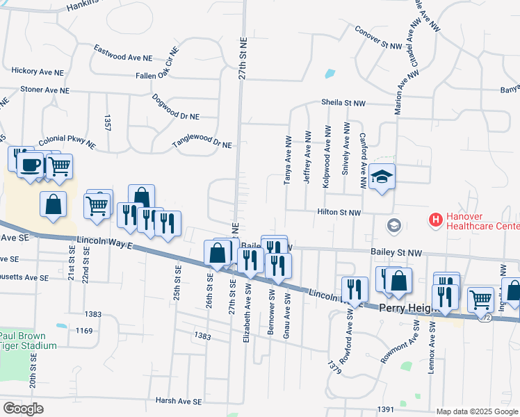 map of restaurants, bars, coffee shops, grocery stores, and more near 501 Rachel Circle Northwest in Massillon