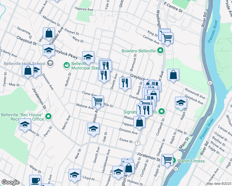 map of restaurants, bars, coffee shops, grocery stores, and more near 111 Overlook Avenue in Belleville