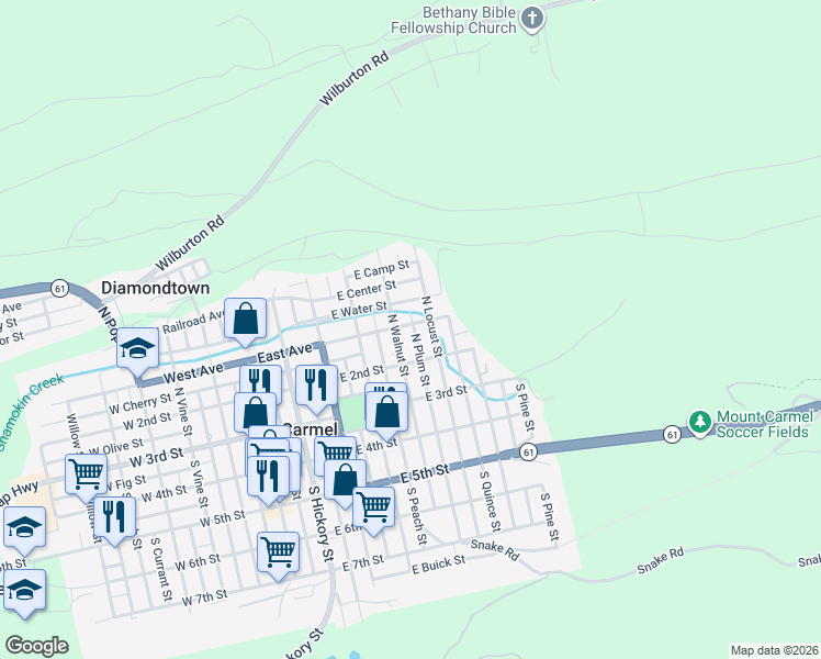 map of restaurants, bars, coffee shops, grocery stores, and more near 146 North Locust Street in Mount Carmel