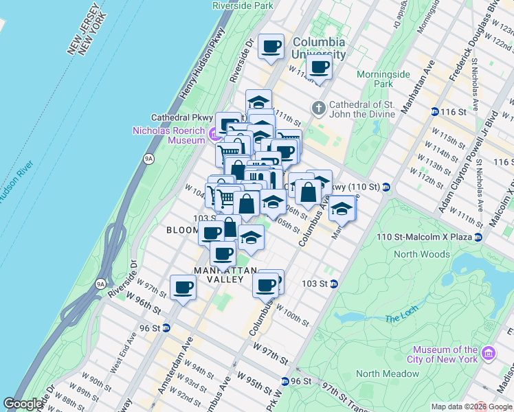map of restaurants, bars, coffee shops, grocery stores, and more near 201 West 105th Street in New York