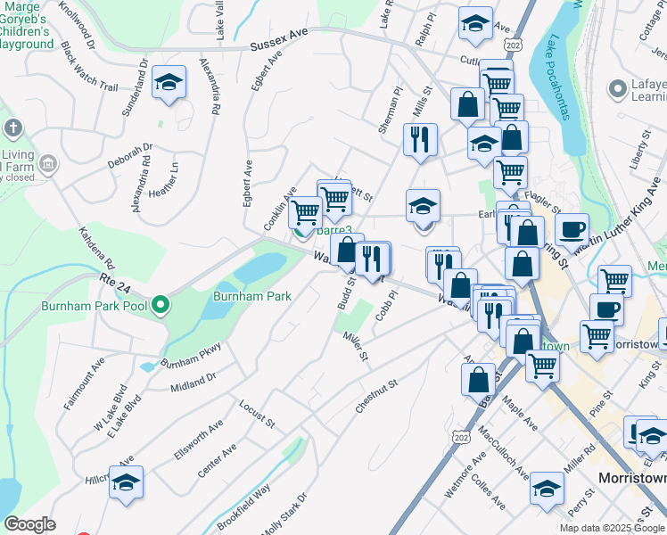 map of restaurants, bars, coffee shops, grocery stores, and more near 150 Washington Street in Morristown