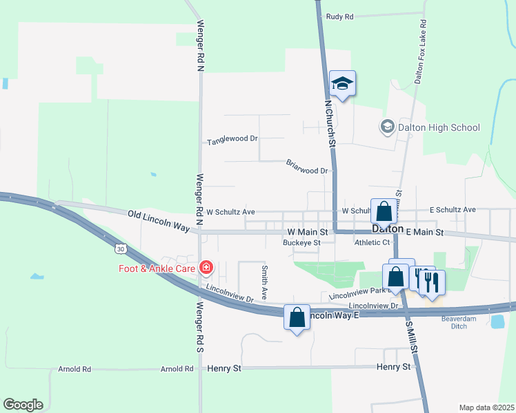 map of restaurants, bars, coffee shops, grocery stores, and more near 420 West Schultz Avenue in Dalton