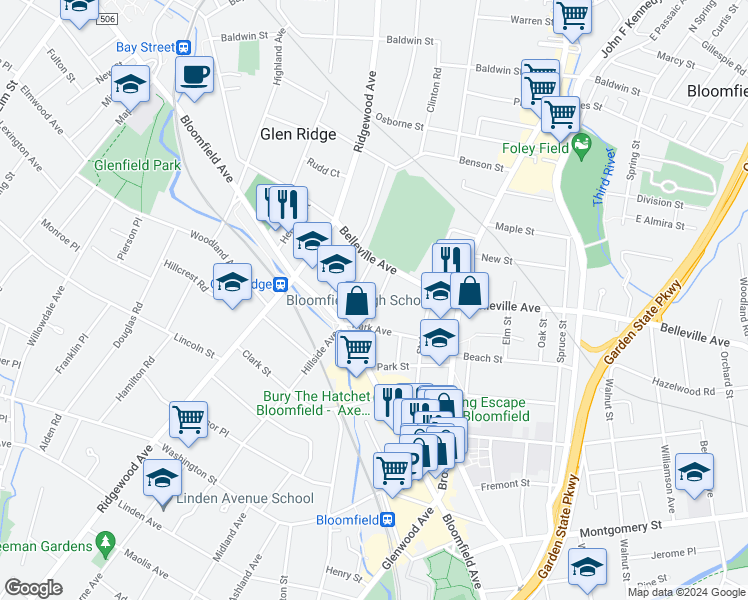 map of restaurants, bars, coffee shops, grocery stores, and more near 24 Edgewood Road in Glen Ridge
