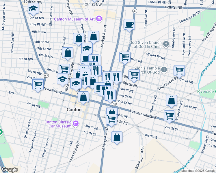 map of restaurants, bars, coffee shops, grocery stores, and more near 328 4th Street Northeast in Canton