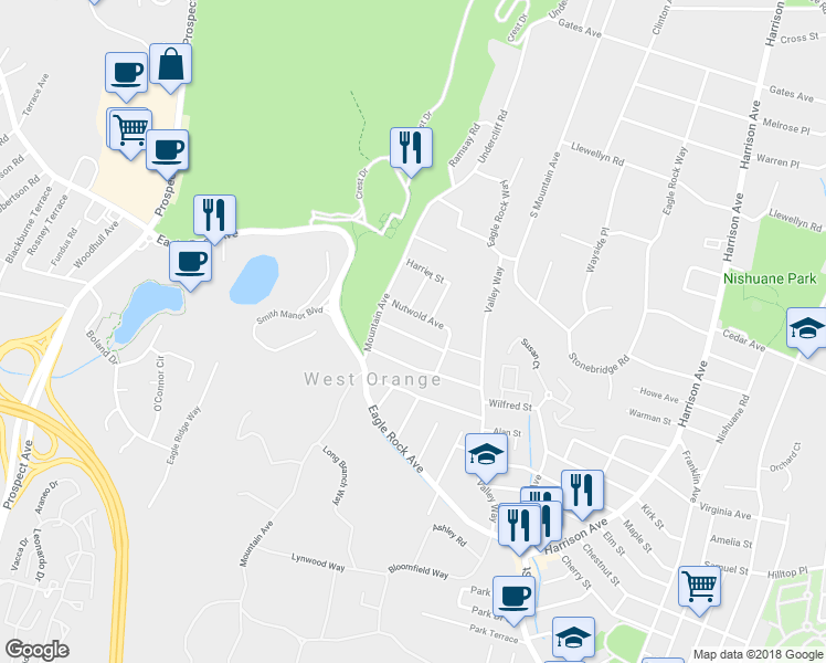 map of restaurants, bars, coffee shops, grocery stores, and more near 29 Woodside Terrace in West Orange