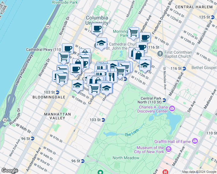 map of restaurants, bars, coffee shops, grocery stores, and more near 177 Manhattan Avenue in New York