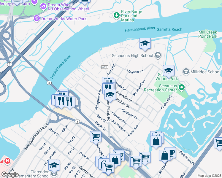 map of restaurants, bars, coffee shops, grocery stores, and more near 220 Franklin Street in Secaucus