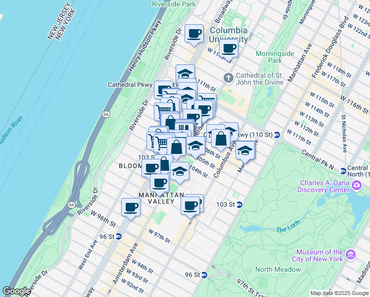 map of restaurants, bars, coffee shops, grocery stores, and more near 920 Amsterdam Avenue in New York