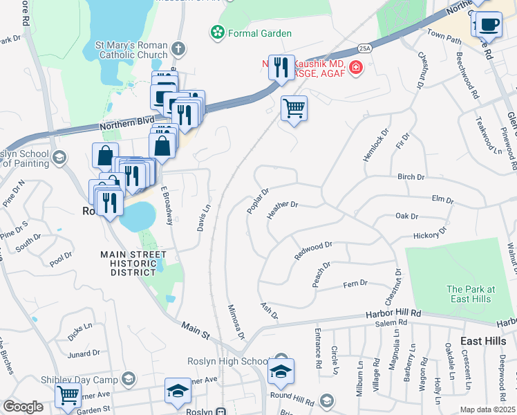 map of restaurants, bars, coffee shops, grocery stores, and more near 100 Poplar Drive in Roslyn