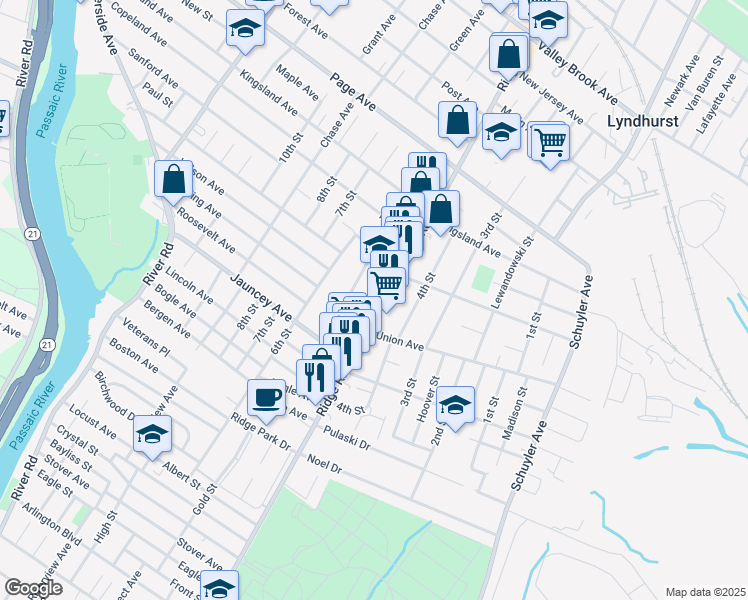 map of restaurants, bars, coffee shops, grocery stores, and more near 737 Ridge Road in Lyndhurst