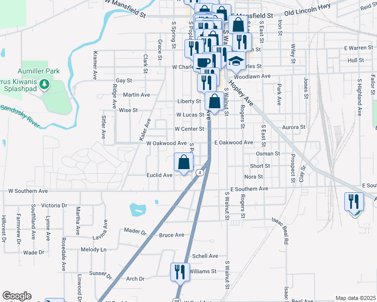 map of restaurants, bars, coffee shops, grocery stores, and more near 813 South Poplar Street in Bucyrus