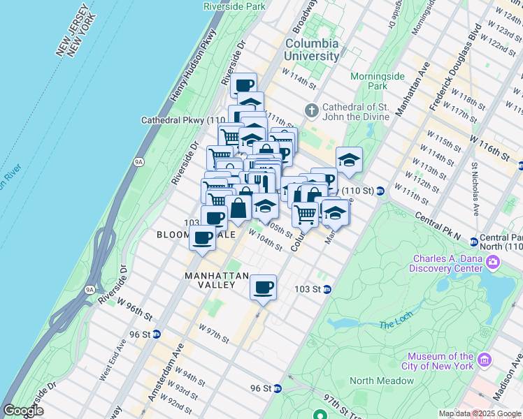 map of restaurants, bars, coffee shops, grocery stores, and more near 929 Amsterdam Avenue in New York