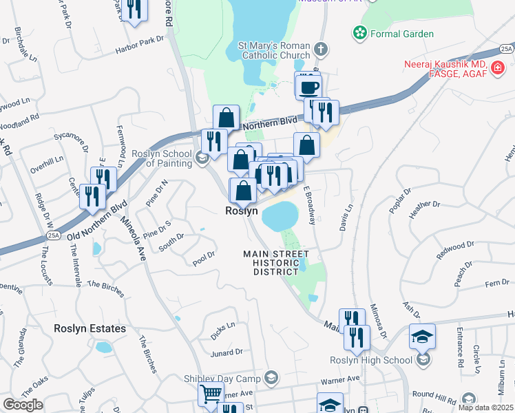 map of restaurants, bars, coffee shops, grocery stores, and more near 1314 Old Northern Boulevard in Roslyn