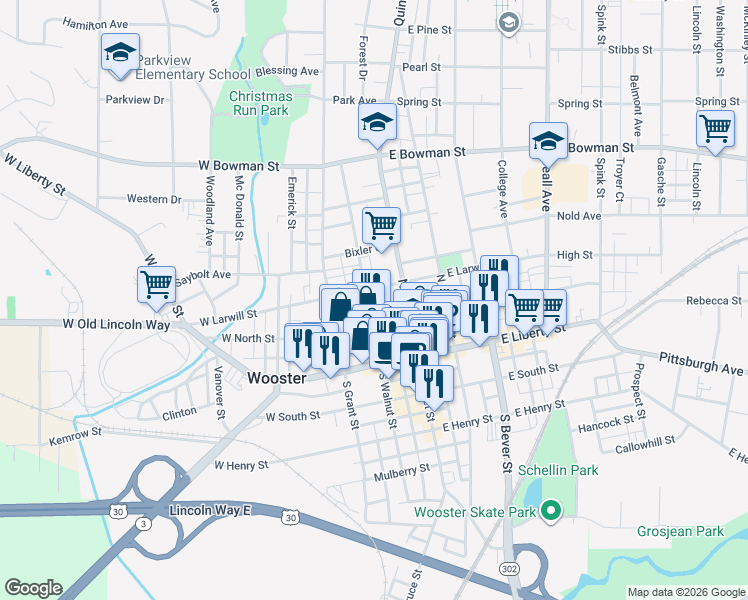 map of restaurants, bars, coffee shops, grocery stores, and more near 227 North Walnut Street in Wooster