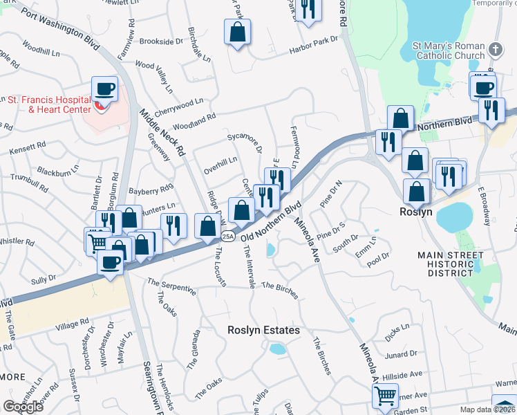 map of restaurants, bars, coffee shops, grocery stores, and more near 16 Ridge Drive East in Roslyn