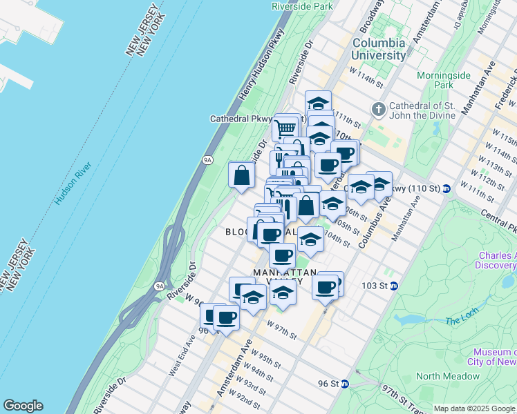 map of restaurants, bars, coffee shops, grocery stores, and more near 885 West End Avenue in New York