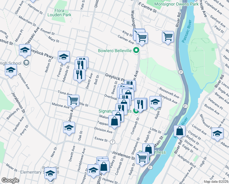 map of restaurants, bars, coffee shops, grocery stores, and more near 60 Beech Street in Belleville