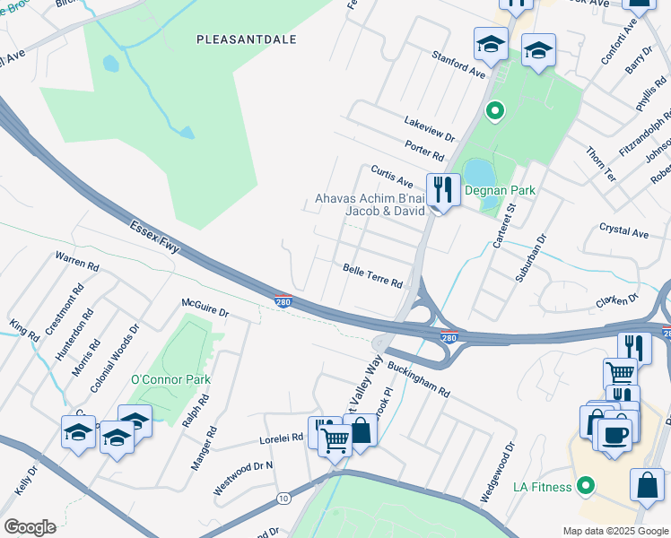 map of restaurants, bars, coffee shops, grocery stores, and more near 38 Belle Terre Road in West Orange