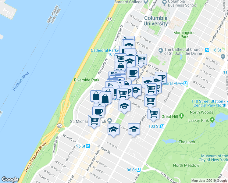 map of restaurants, bars, coffee shops, grocery stores, and more near 2721 Broadway in New York