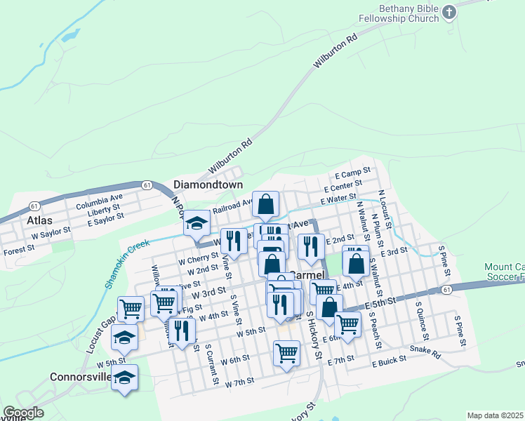 map of restaurants, bars, coffee shops, grocery stores, and more near 314 North Oak Street in Mount Carmel