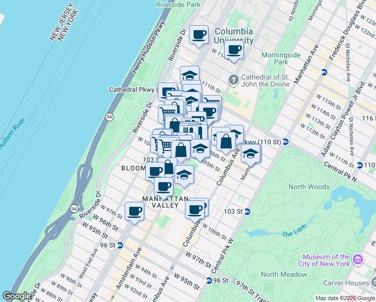 map of restaurants, bars, coffee shops, grocery stores, and more near 201 West 105th Street in New York